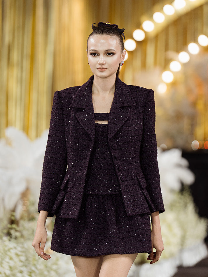 Sophia tweed sleeveless top with a square neckline, fitted silhouette, and intricate tweed detailing, crafted from a premium polyester-wool blend.