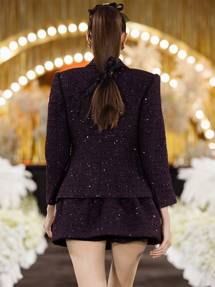 Sophia tweed buttoned blazer in deep burgundy with tailored fit, structured lapels, and elegant button details, crafted from a premium polyester-wool blend.