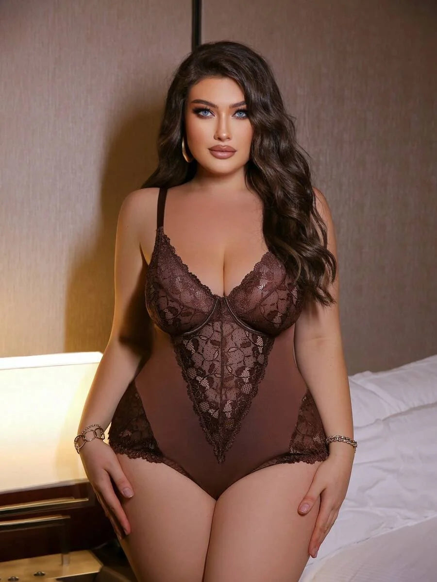 1pc Plus Size Women Lace Patchwork Underwire Sexy Bodysuit