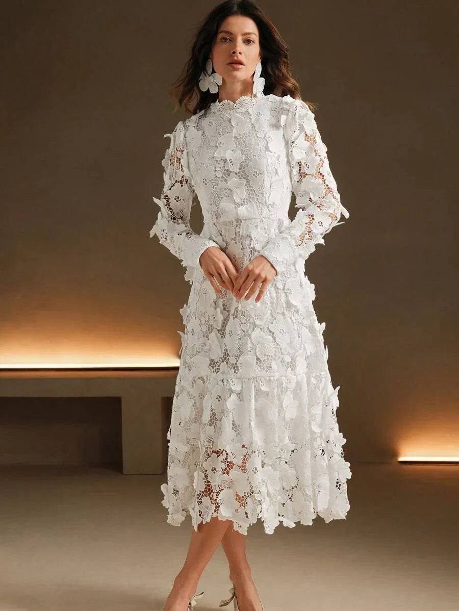 1pc White Long Sleeve Lace ALine Formal Dress Suitable For Cocktail Party Birthday Party And Other