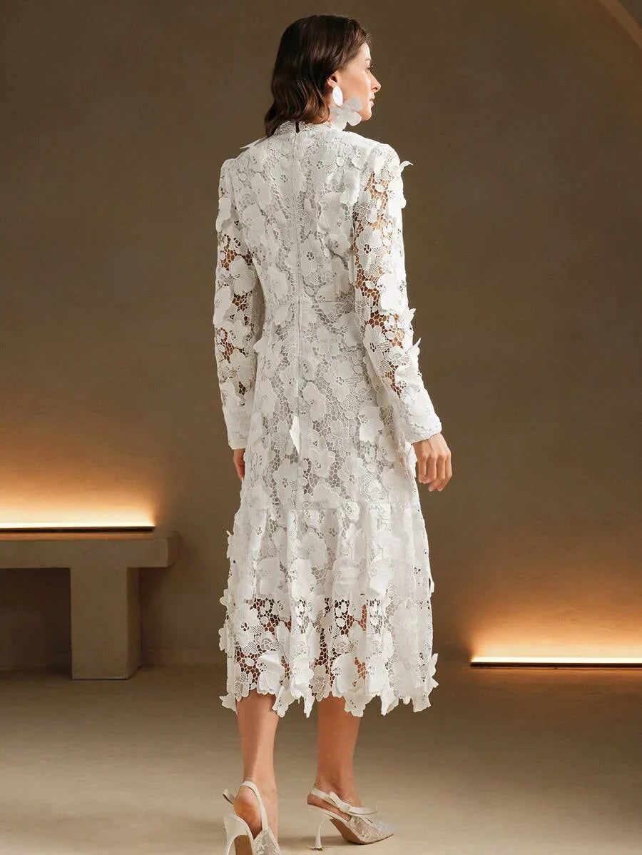 1pc White Long Sleeve Lace ALine Formal Dress Suitable For Cocktail Party Birthday Party And Other