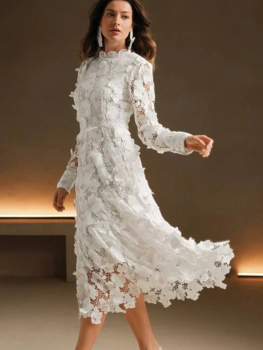 1pc White Long Sleeve Lace ALine Formal Dress Suitable For Cocktail Party Birthday Party And Other
