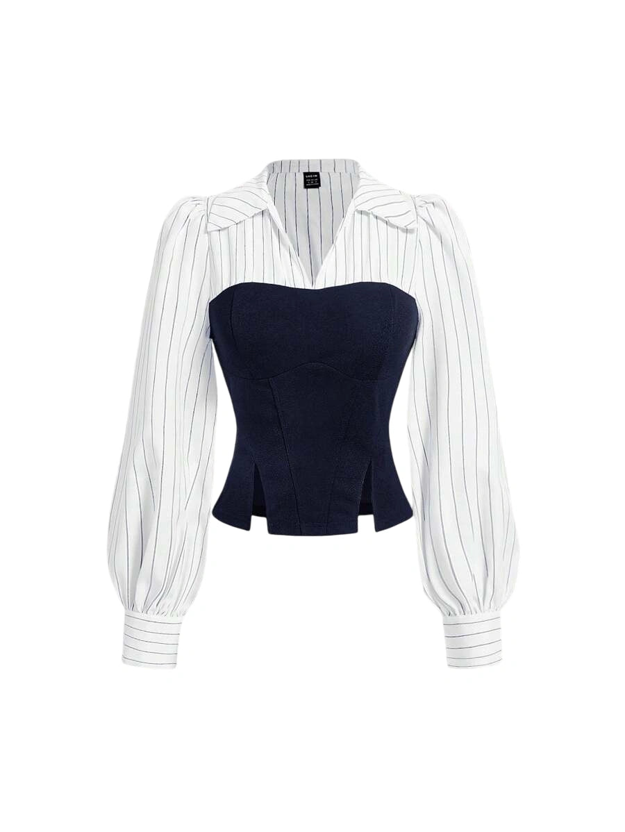 Black and white corset blouse with striped sleeves, puffed shoulders, and a structured corset-style fit