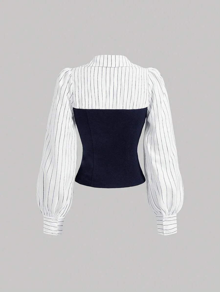 1pc Women Elegant Striped Print Lantern Sleeve 2 In 1 Waist Tie Shirt Spring And Autumn
