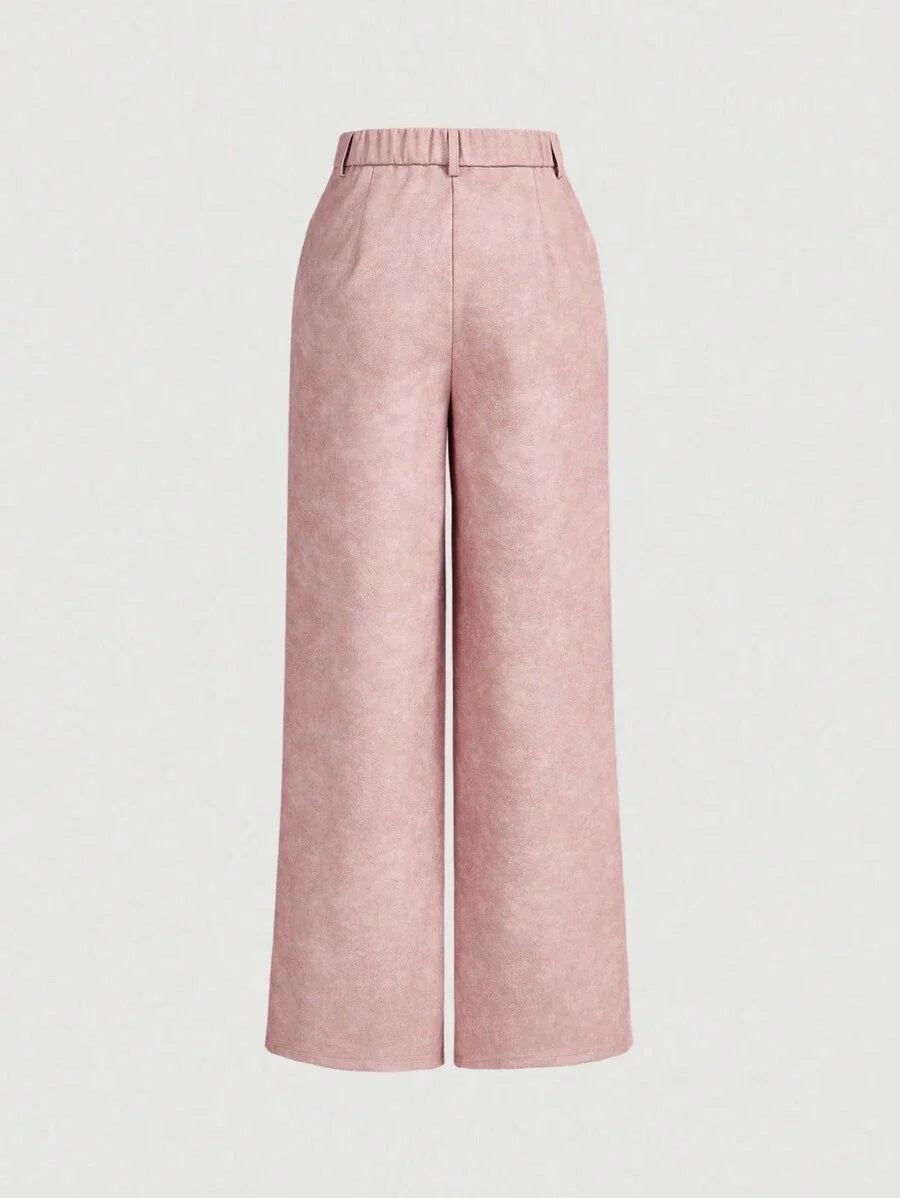 1pc Women Pink PU Leather Straight Pants Casual Everyday WearHalloween PantsBusiness Casual