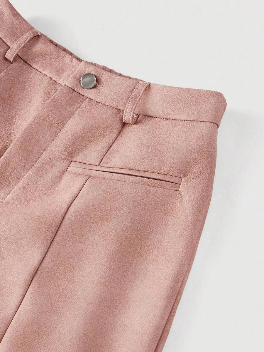 1pc Women Pink PU Leather Straight Pants Casual Everyday WearHalloween PantsBusiness Casual