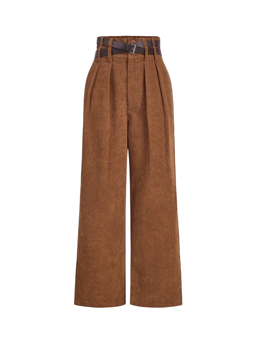 1pc Womens Double Layer Waistband Corduroy Brown Straight Leg Pants Winter Long Trousers