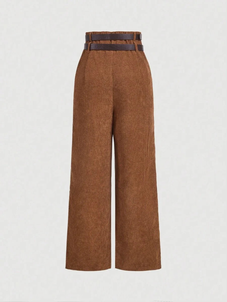 1pc Womens Double Layer Waistband Corduroy Brown Straight Leg Pants Winter Long Trousers
