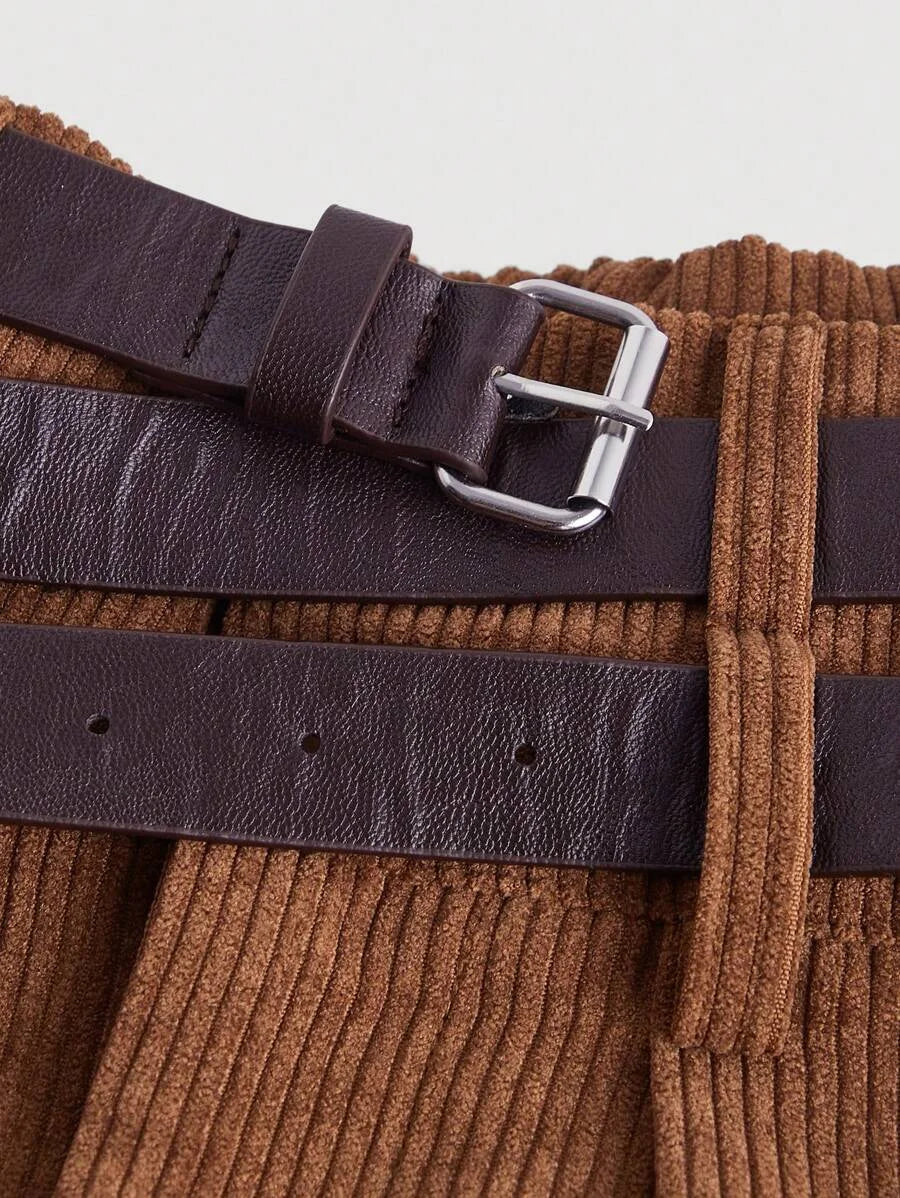 1pc Womens Double Layer Waistband Corduroy Brown Straight Leg Pants Winter Long Trousers