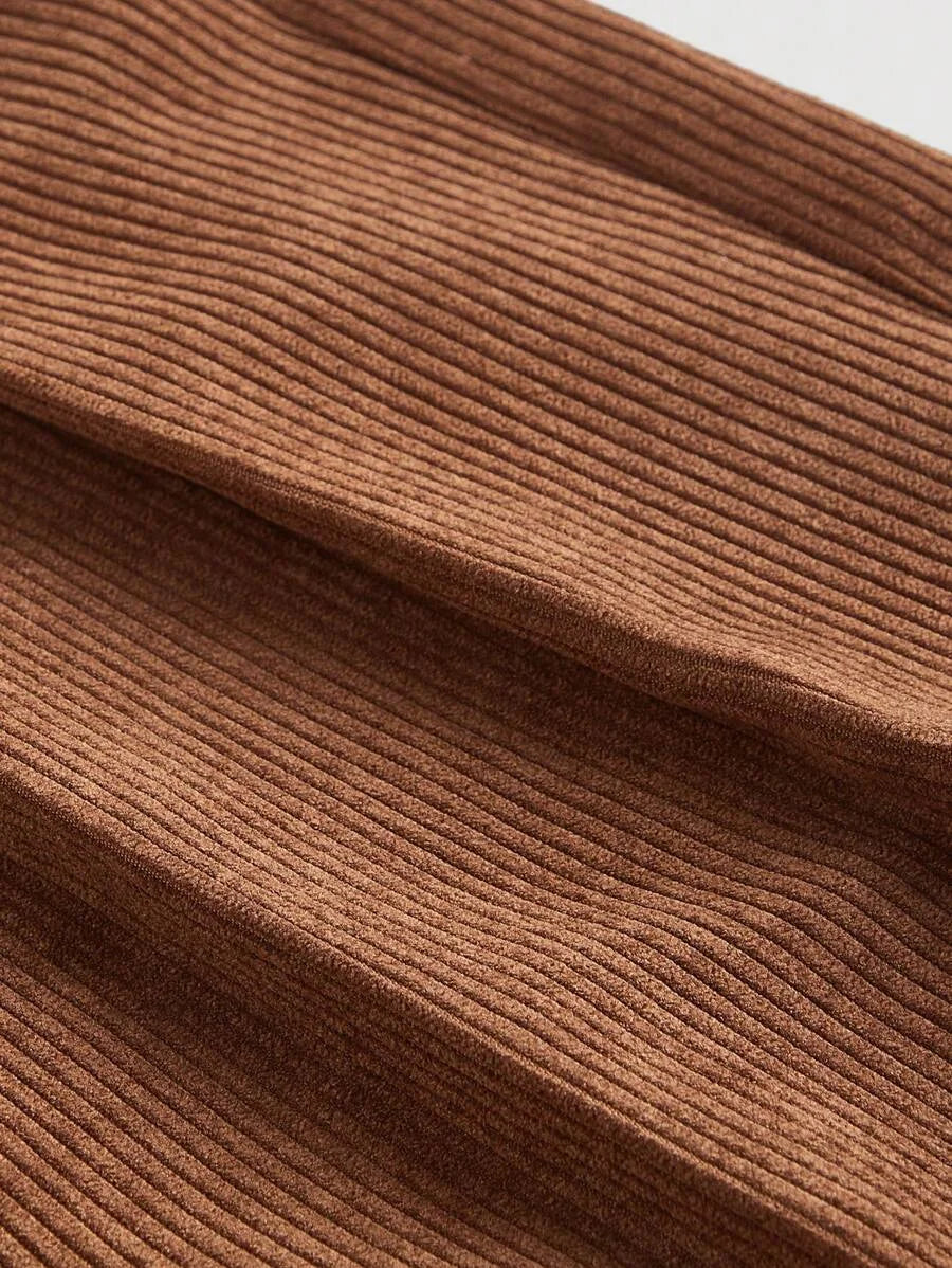 1pc Womens Double Layer Waistband Corduroy Brown Straight Leg Pants Winter Long Trousers