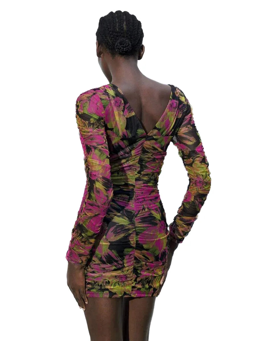 1pc Womens Elegant Floral Print Ruched Bodycon Mini Dress Fall