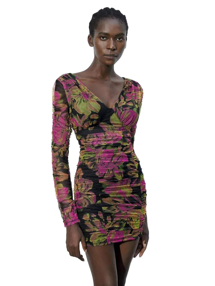 1pc Womens Elegant Floral Print Ruched Bodycon Mini Dress Fall