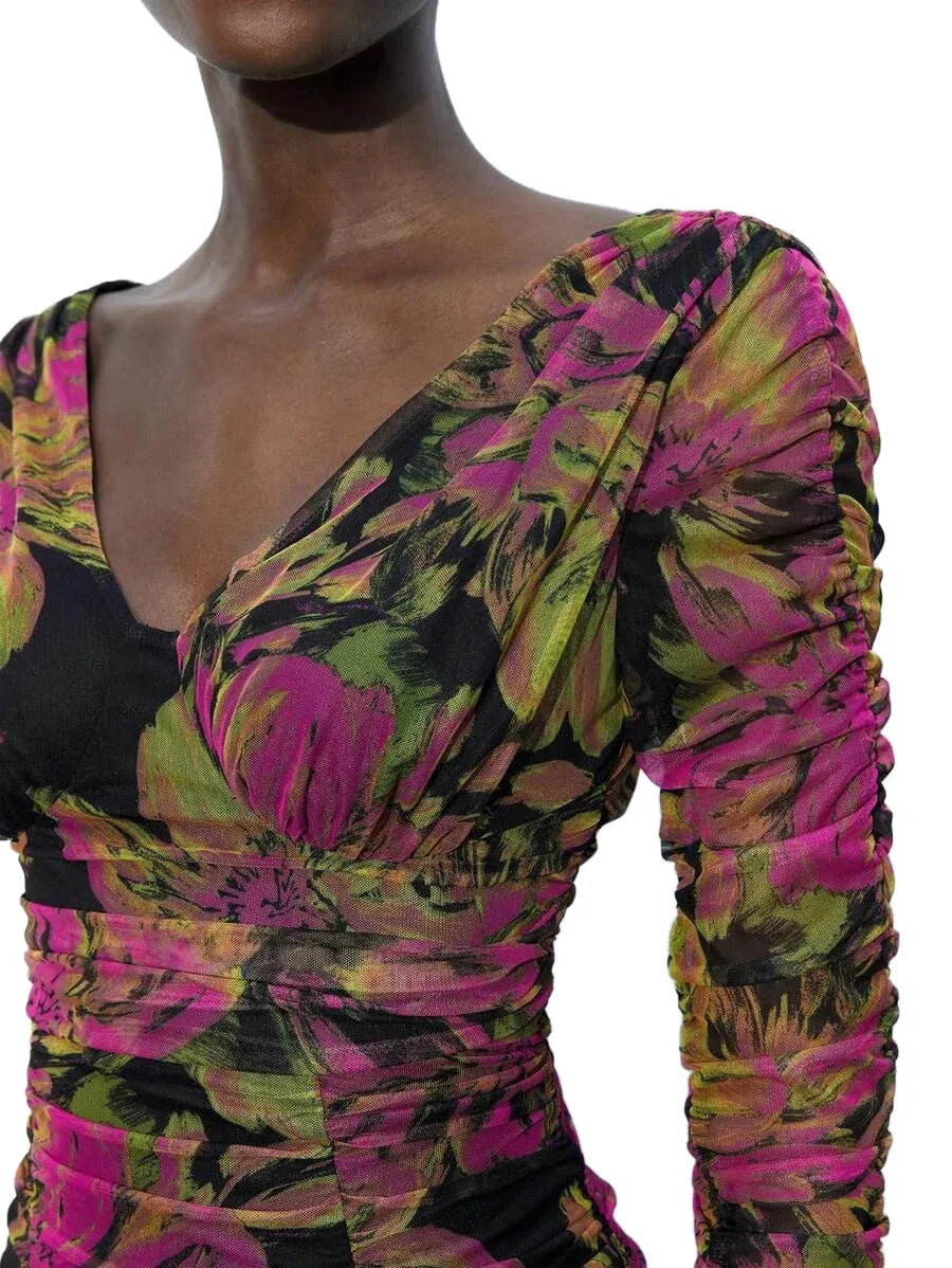 1pc Womens Elegant Floral Print Ruched Bodycon Mini Dress Fall
