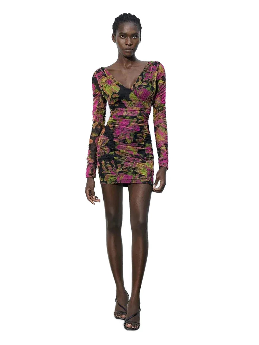 1pc Womens Elegant Floral Print Ruched Bodycon Mini Dress Fall