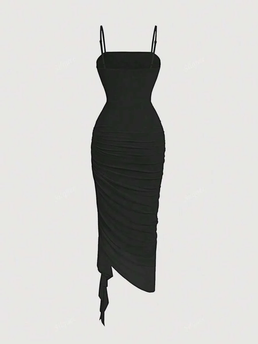 1pc Womens Solid Color Ruched Asymmetric Hem Dress Black Spaghetti Strap Midi DressTea Party