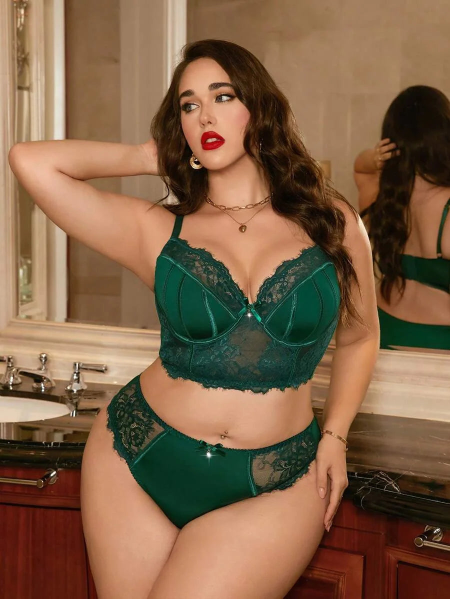 2 PcsSet Plus Size Lace Patchwork Bow Decor Wire Bra Set