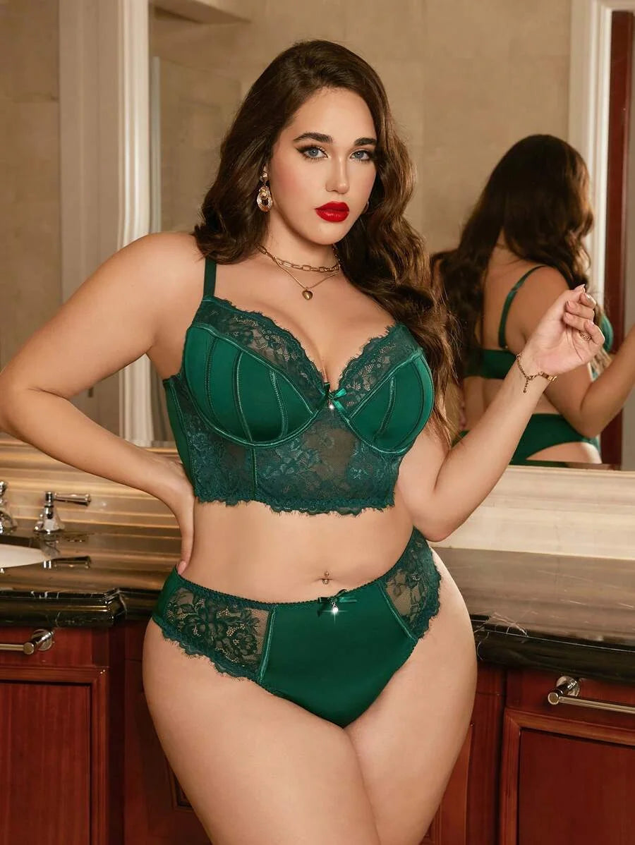 2 PcsSet Plus Size Lace Patchwork Bow Decor Wire Bra Set