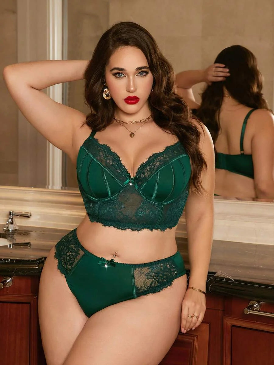 2 PcsSet Plus Size Lace Patchwork Bow Decor Wire Bra Set
