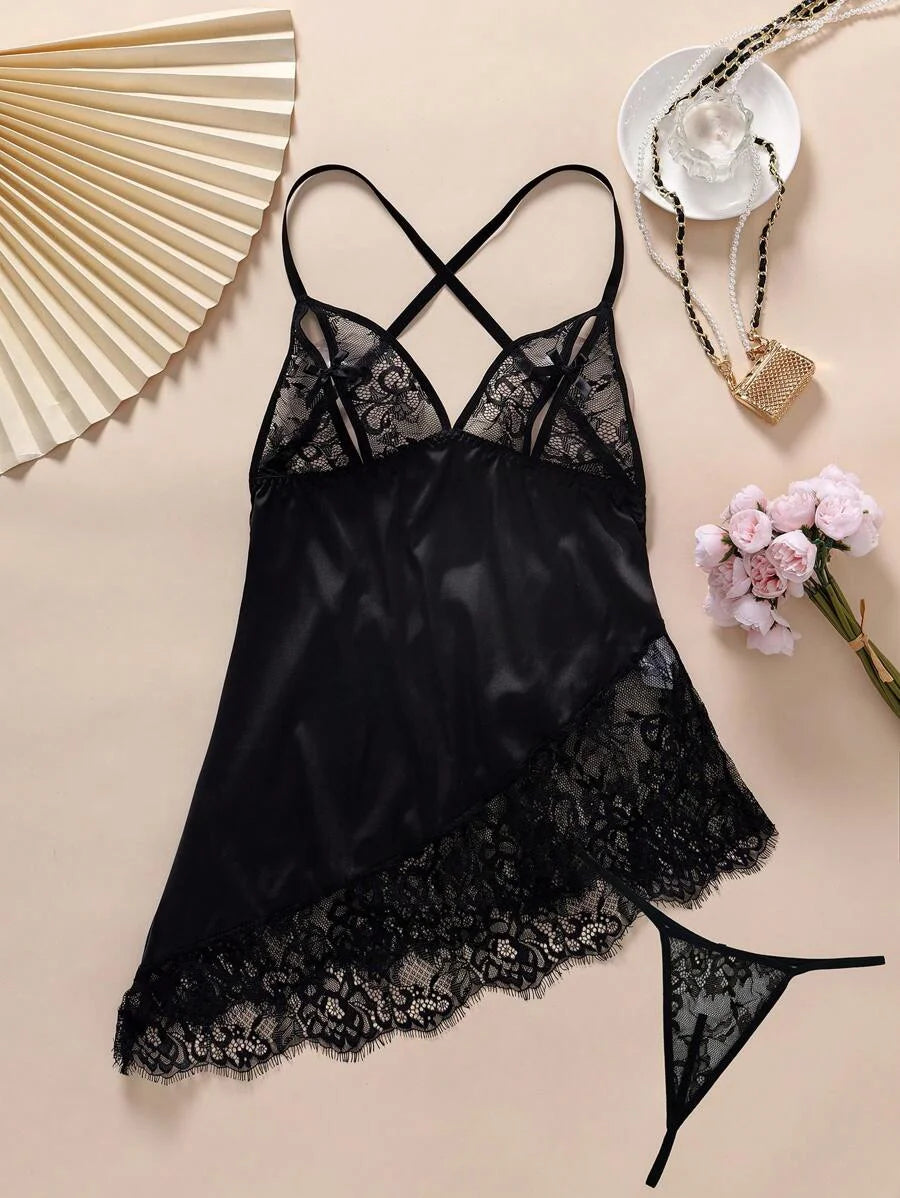 2pcs Lace Patchwork Plus Size Nightgown Set Sexy