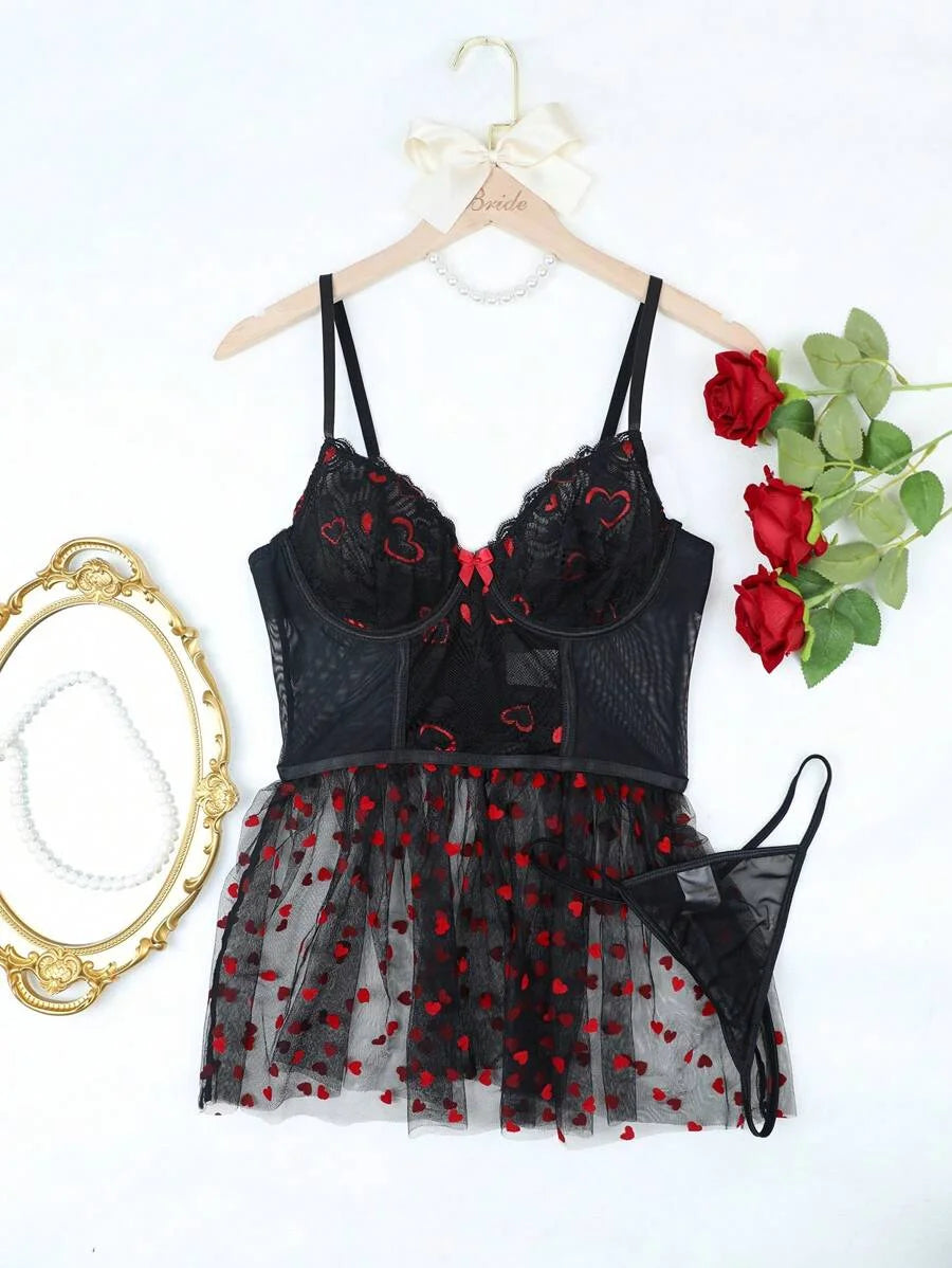 2pcs Lace Patchwork Sexy Lingerie Set For Women Includes Sleeveless Nightdress And GString
