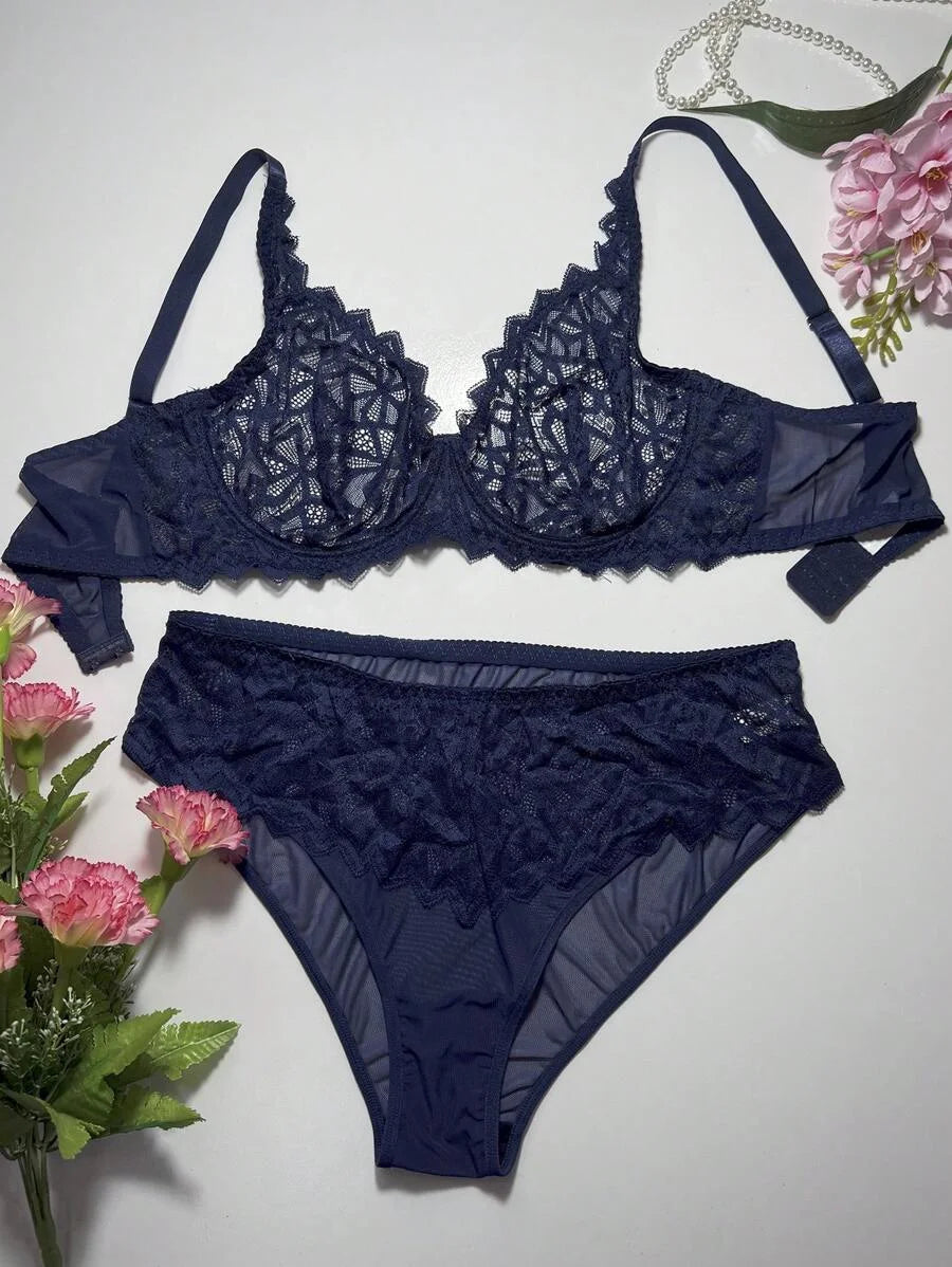 2pcs Plus Size Lace amp Mesh Patchwork Underwire Brassiere Set