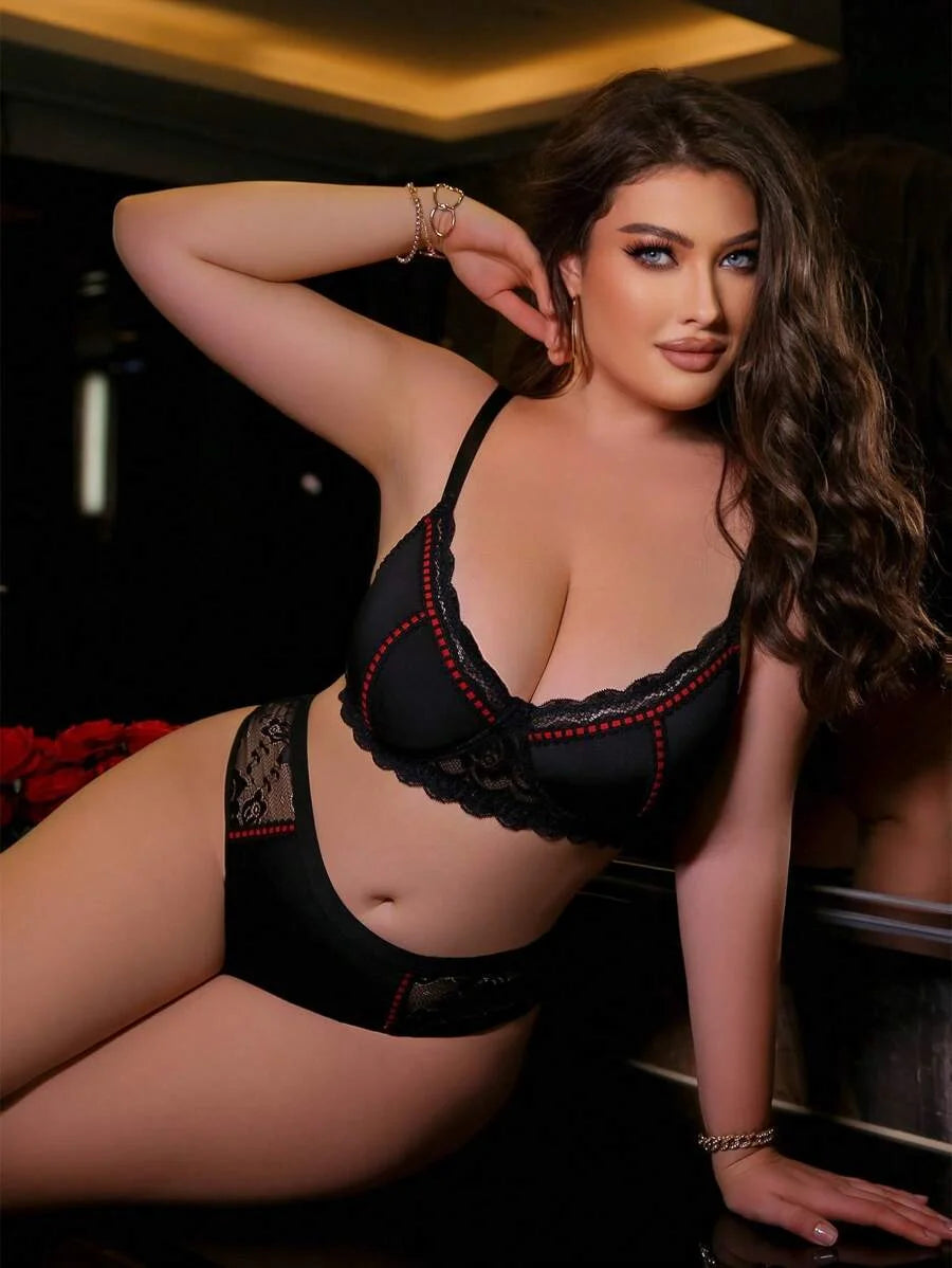 2pcs Plus Size Sexy Lace Patchwork With Wire Bra Set