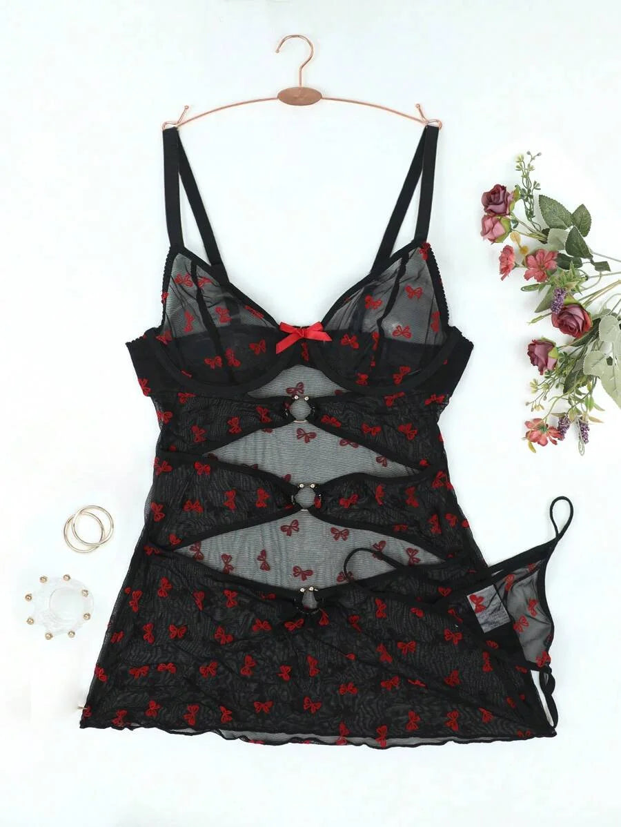 2pcs Plus Size Sexy Mesh Nightgown With GString Set