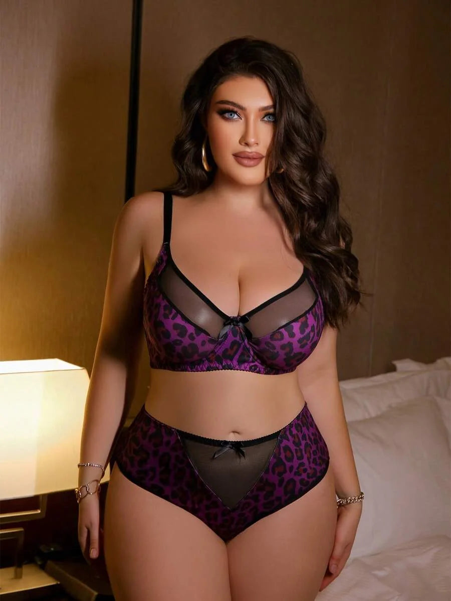 2pcs Set Leopard Print Plus Size Underwire Bras