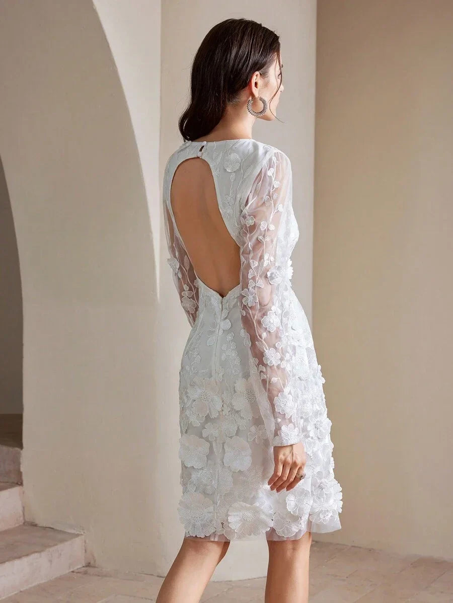 3D Embroidered Mesh Long Sleeve Backless Fitted White Cocktail Party Dress