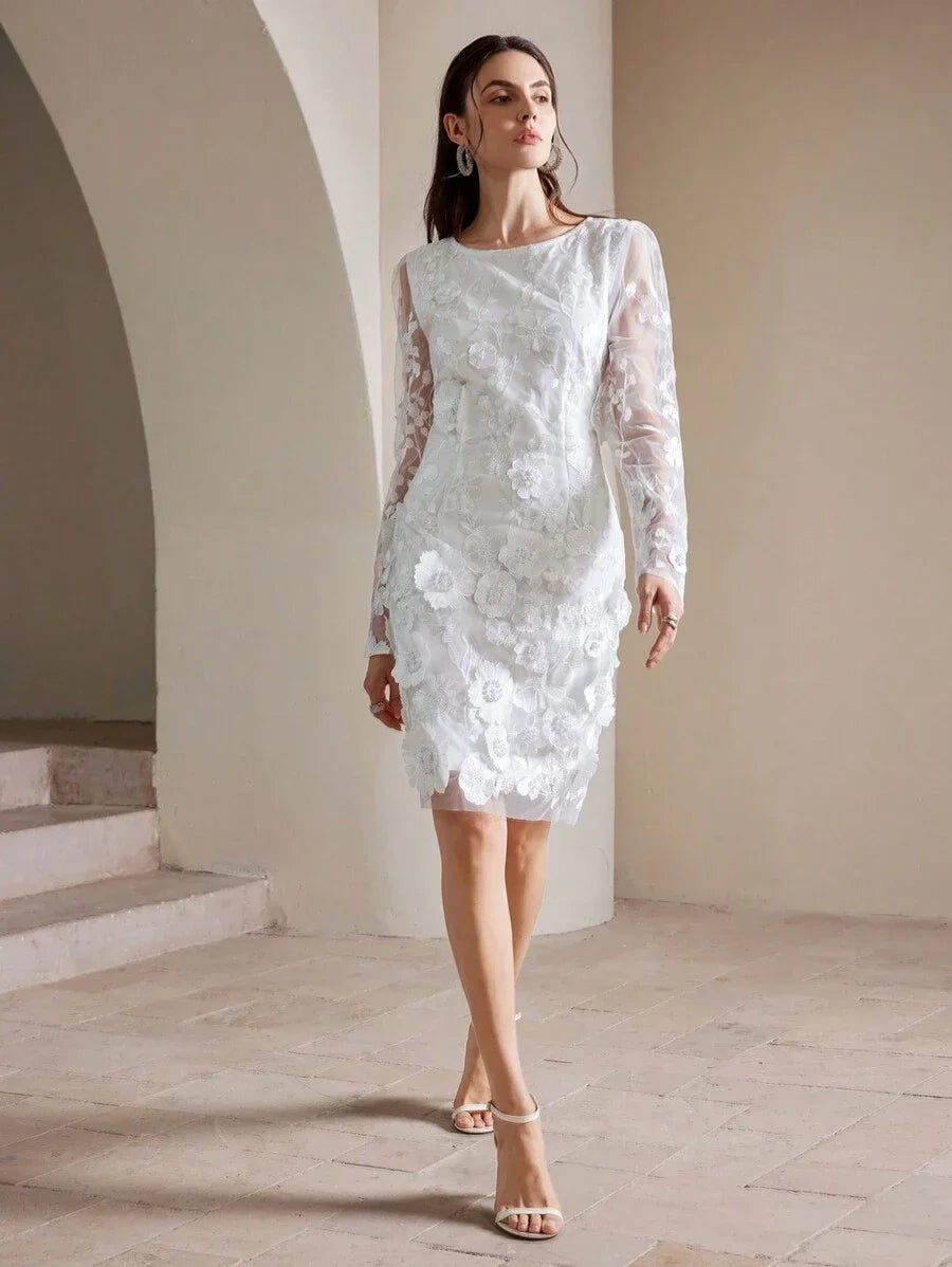 3D Embroidered Mesh Long Sleeve Backless Fitted White Cocktail Party Dress