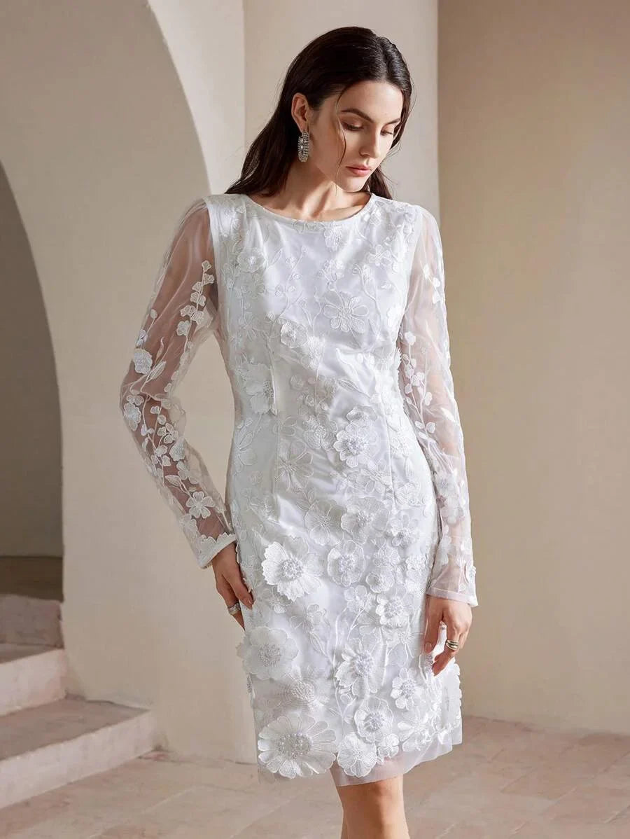 3D Embroidered Mesh Long Sleeve Backless Fitted White Cocktail Party Dress