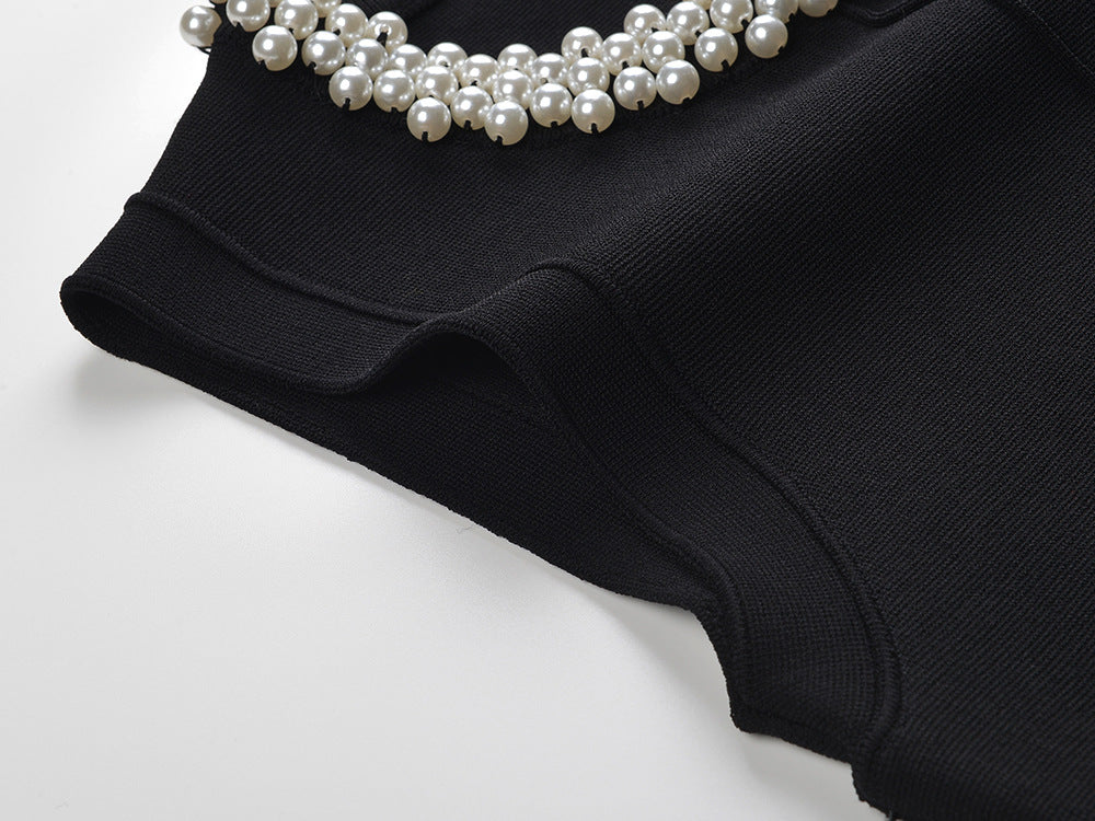 Sleek A-line Dress with Necklace Detail & Pearl Embellishment in black