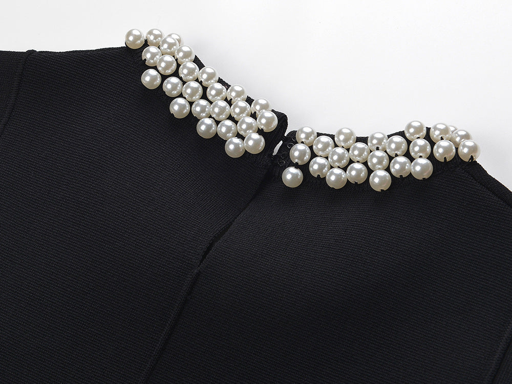 Sleek A-line Dress with Necklace Detail & Pearl Embellishment in black