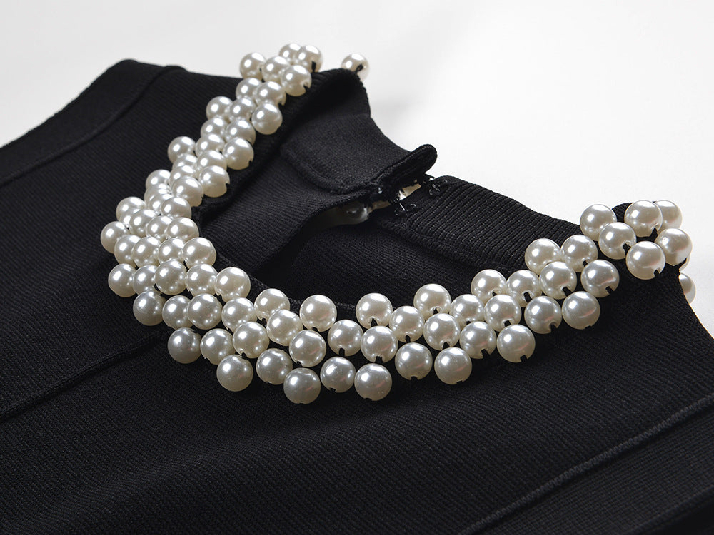 Sleek A-line Dress with Necklace Detail & Pearl Embellishment in black