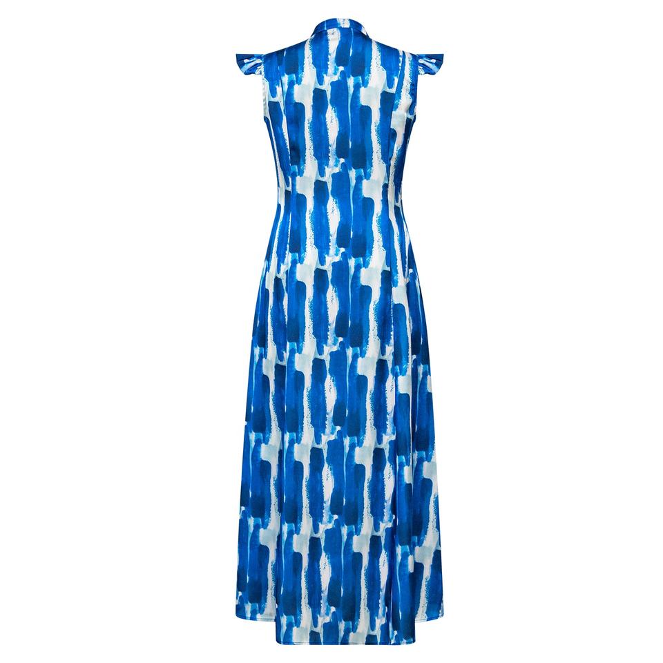 Maxi Dress – Blue A-Line – V-Neck – Flutter Sleeve Elegant Style