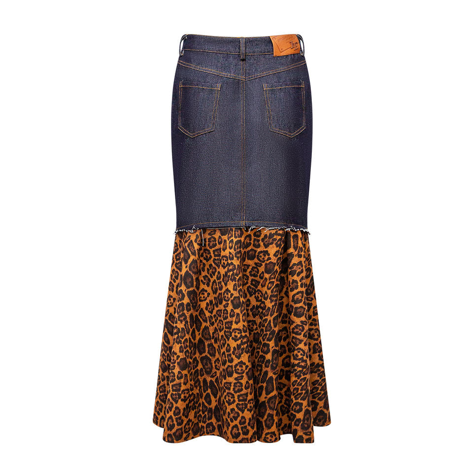 Maxi Skirt – Denim Leopard Print – Contrast Hem – Chic Streetwear Style