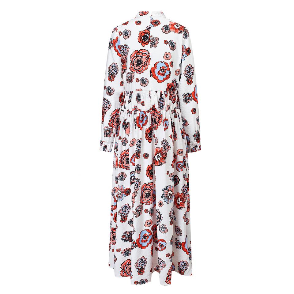 Long Dress – White Floral Print – Ruffle Detail – Elegant A-Line Style