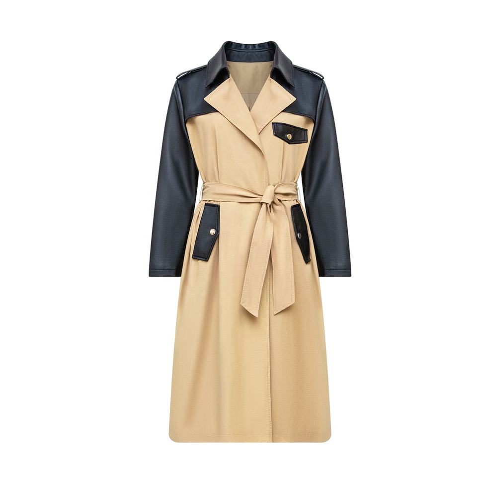 Trenchcoat – PU Leather Patchwork – Belted Design – Luxury Winter Style