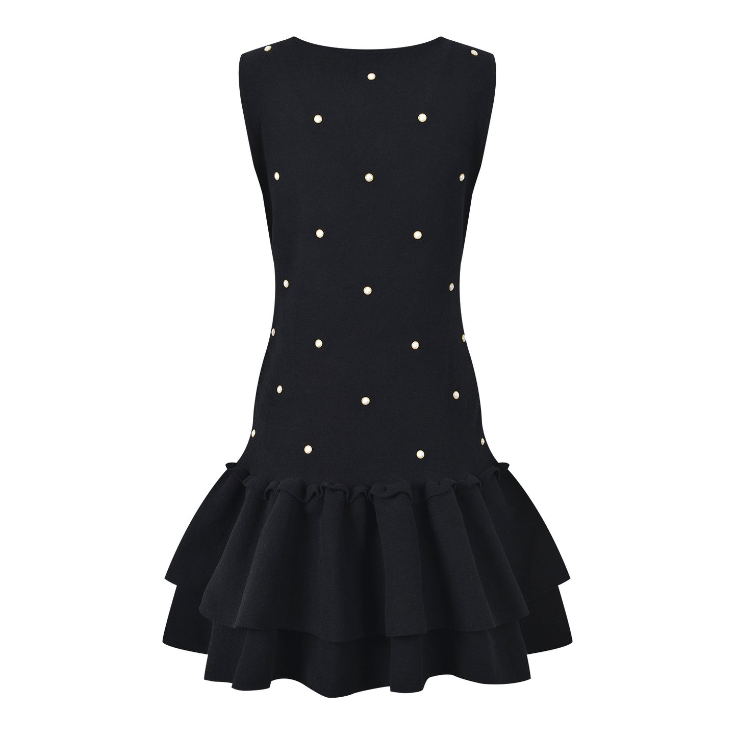 Sleeveless black mini dress featuring delicate pearl embellishments and a playful tiered ruffle skirt