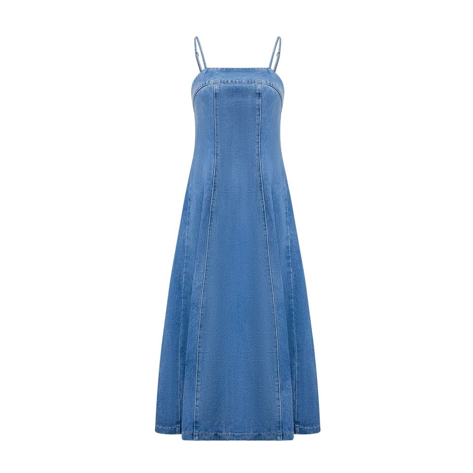 Midi Dress – Blue Denim – Spaghetti Straps – A-Line Summer Style