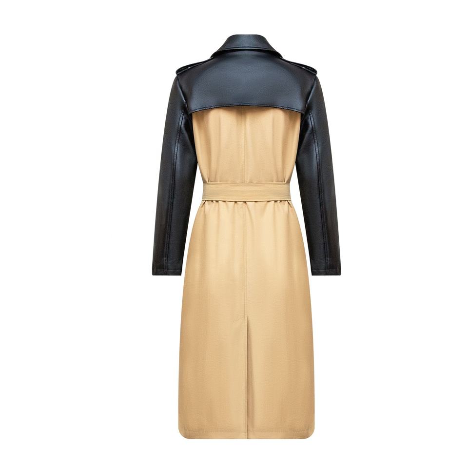 Trenchcoat – PU Leather Patchwork – Belted Design – Luxury Winter Style