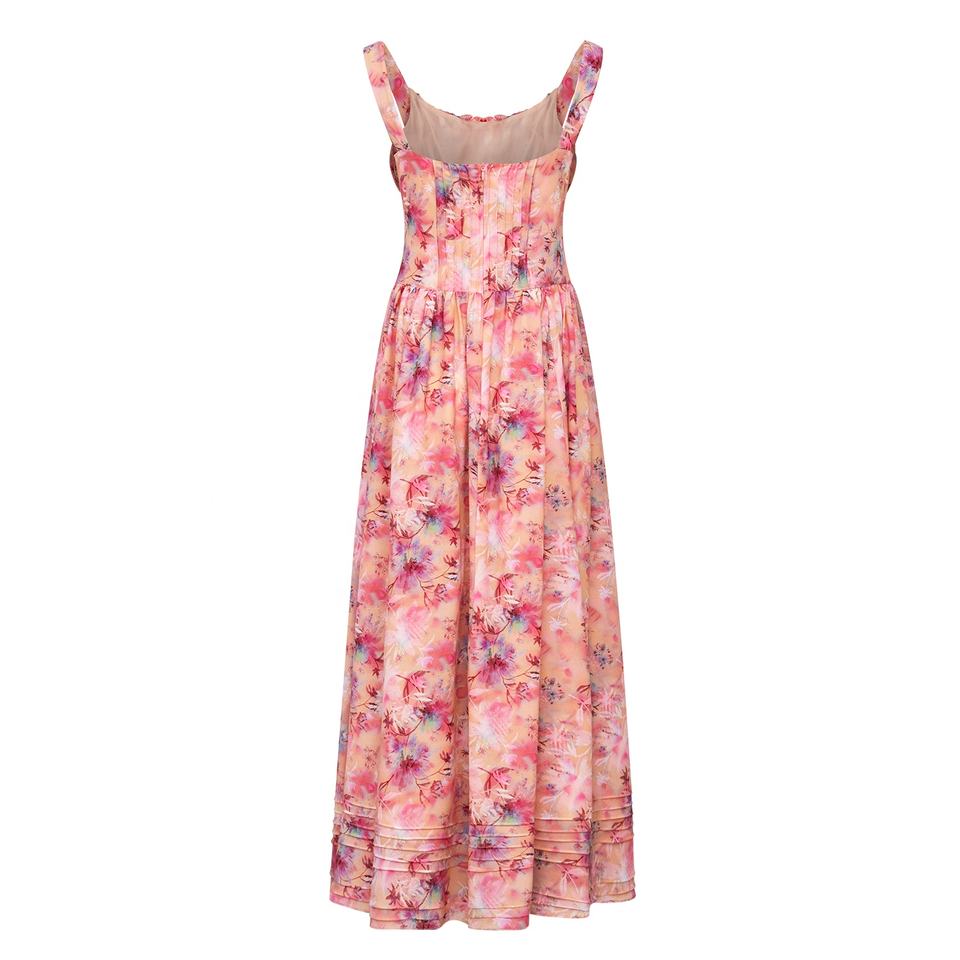Maxi Dress – Floral Print – Pleated Cami Design – Smocked Elegant Style