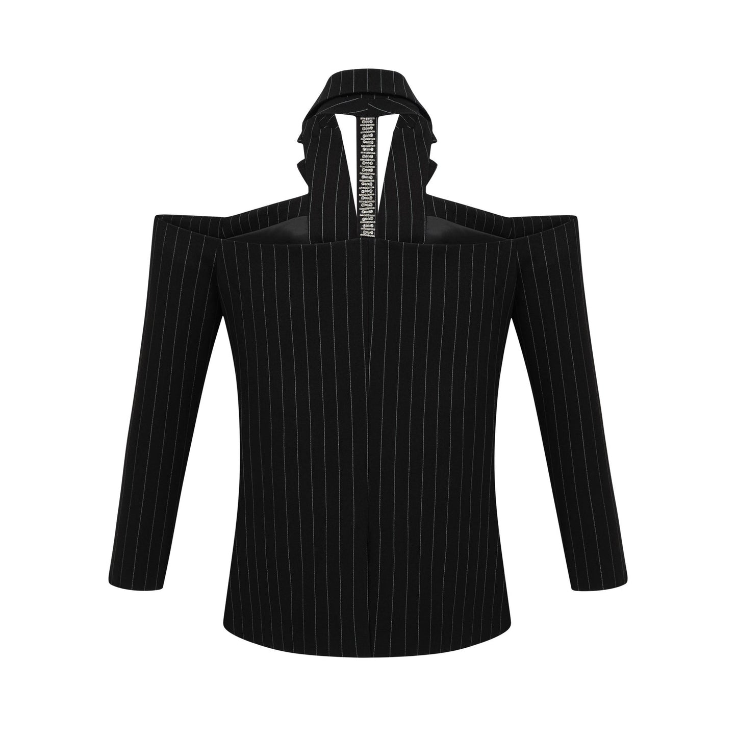 A black blazer with white stripes featuring an open back design worn by a model