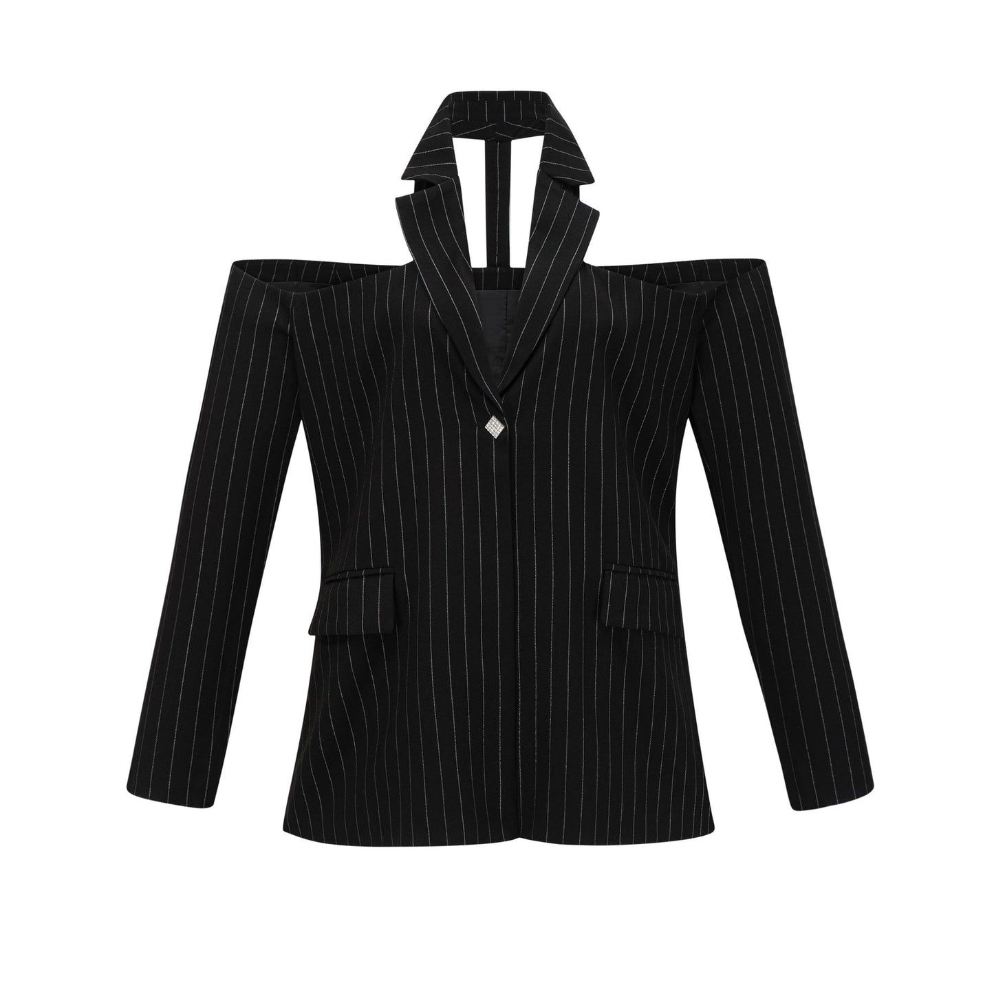 A black blazer with white stripes featuring an open back design worn by a model