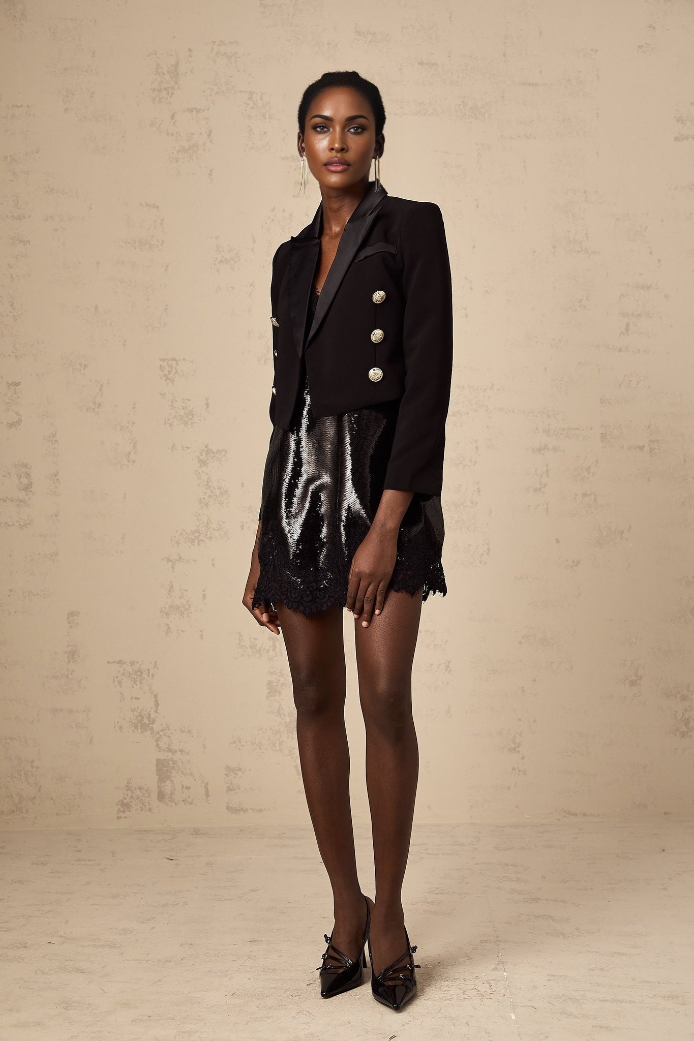 A black cropped blazer with double breasted design called Giulia