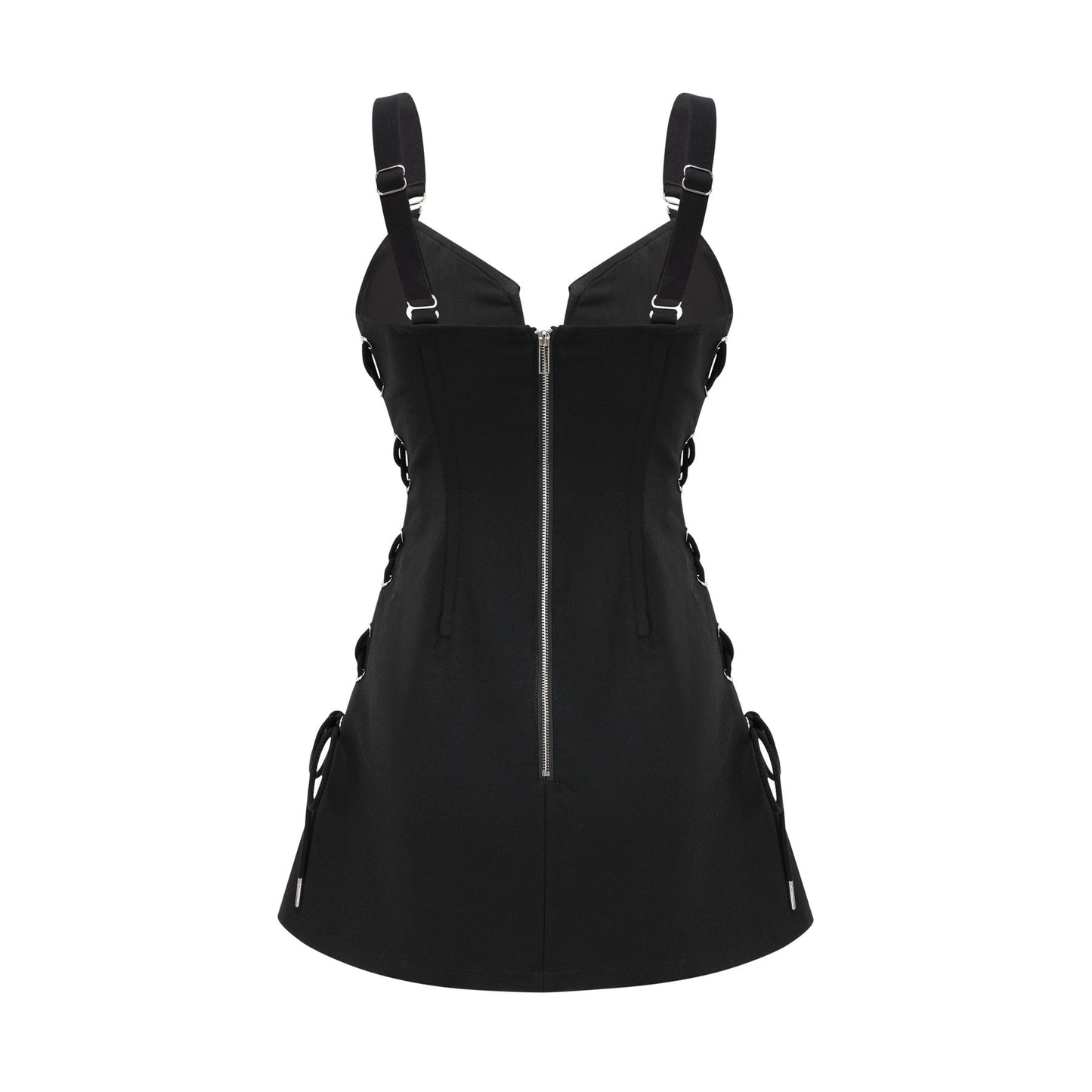 Black sleeveless dress with a Vneck and structured boned bodice pair of chest flap pockets adjustable shoulder straps and designer rear zip fastening