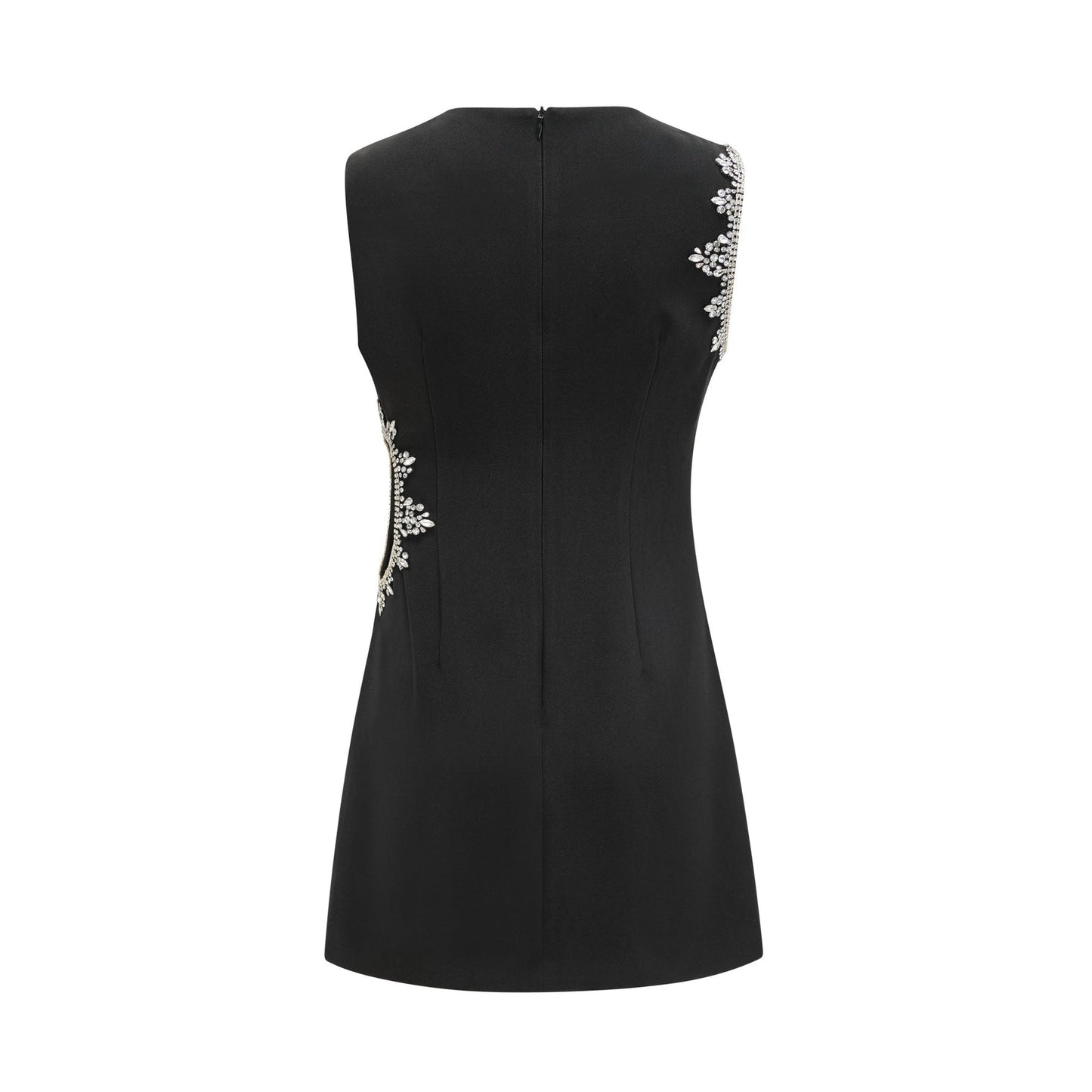 Black dress with contrasting colors sleeveless with round neck and cutout design crystal embellishments zip fastening thigh length 100% Polyester
