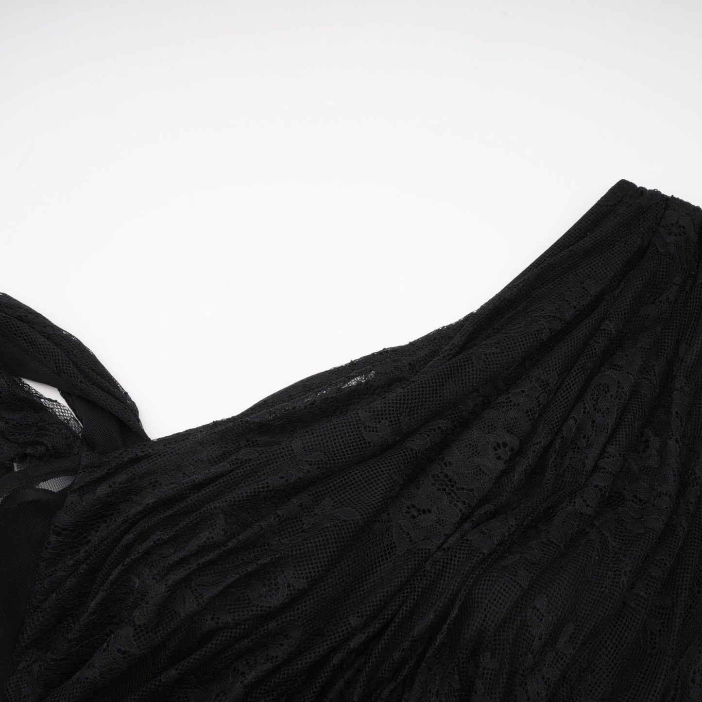Black oneshoulder dress with lace embroidery cutout details gathered accents high side slit and asymmetric design Smooth scallop trim and half lining Floorlength and made of Polyamide Cotton Rayon
