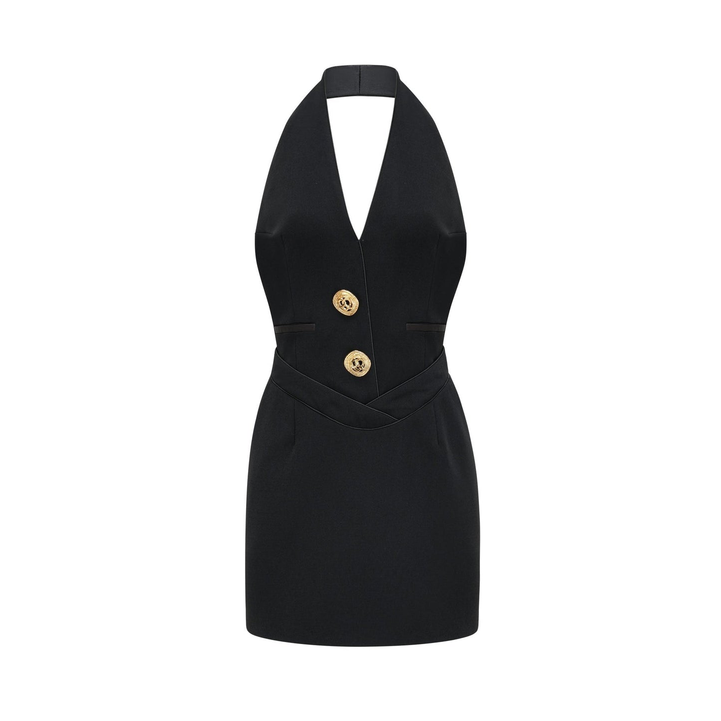Black thighlength dress with sleeveless halter neck front golden button design and rear zip fastening for a secure fit Comfortably styled in 80% Polyester 20% Cotton