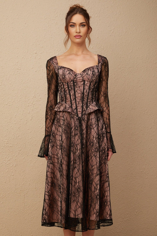 A black lace midi dress with a flared skirt named Jennifer worn by a model standing against a plain background